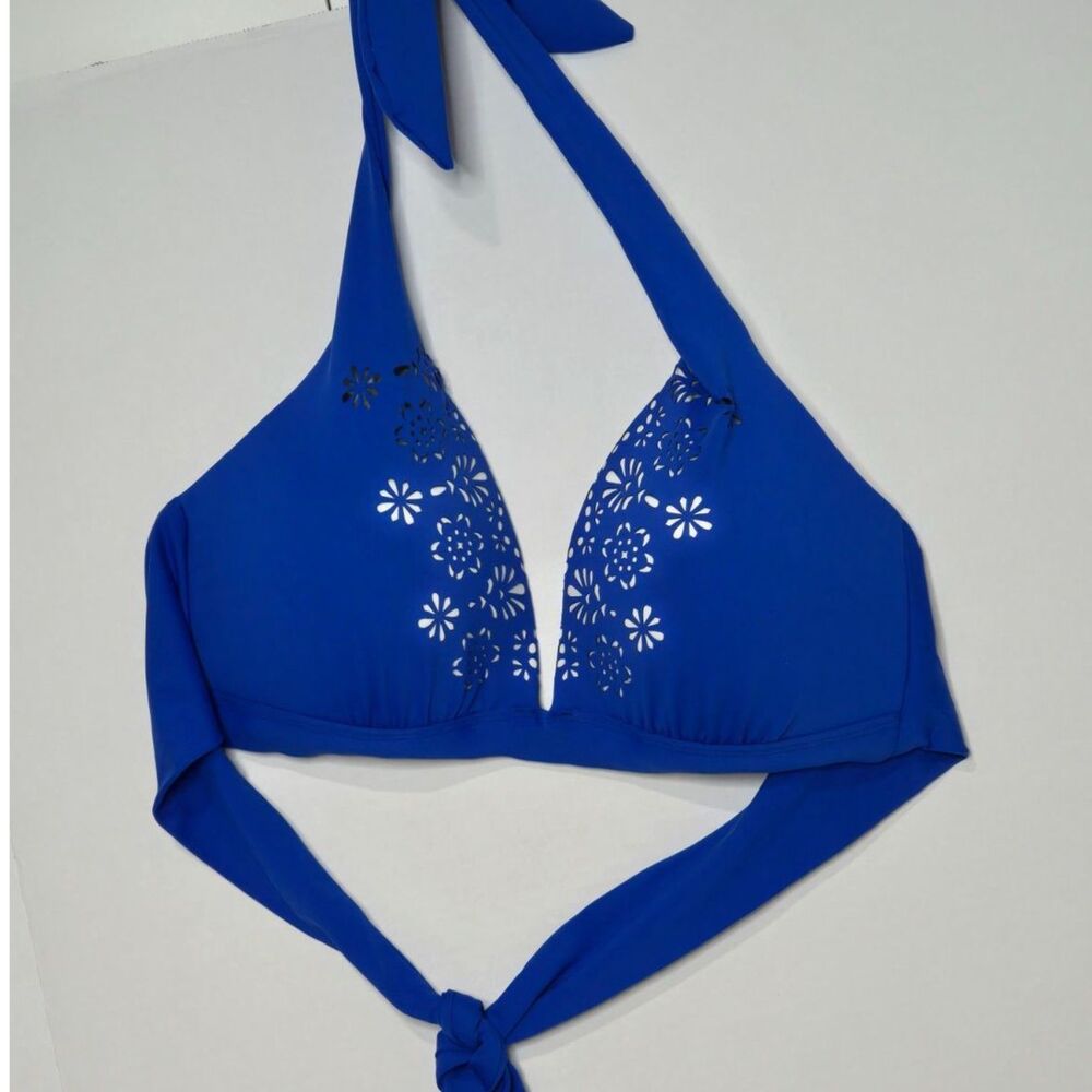 Liz Claiborne Laser Cut Out Halter Bikini Swim Top | Women's Size 12 | Blue